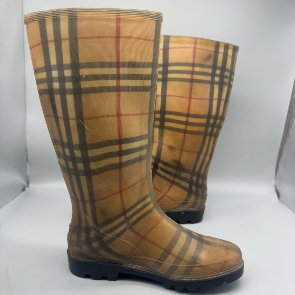 BURBERRY Haymarket Rain Boots Plaid Checkered Pattern Women Size 6 - Picture 2 of 7